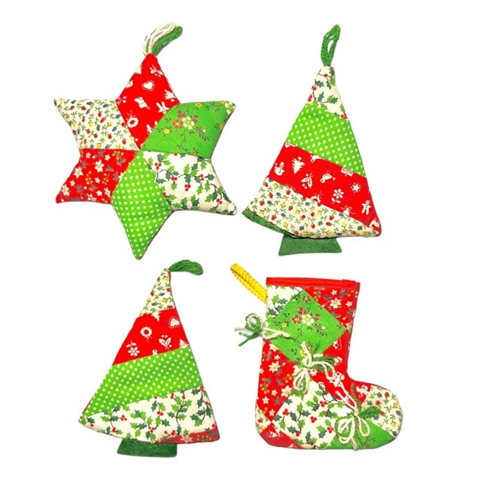 Set of 4 vintage handmade patchwork fabric Christmas tree ornaments